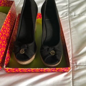 Tory Burch Black Wedges with Gold Logo